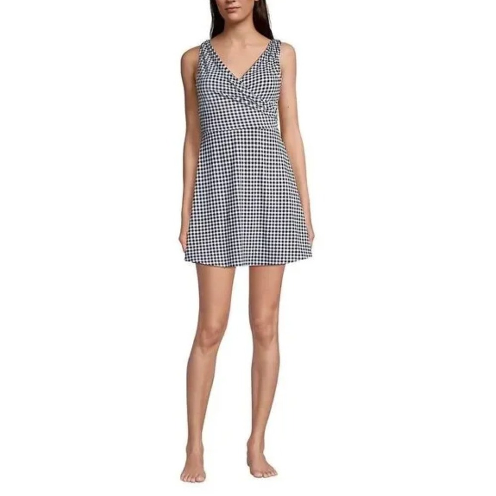LANDS' END Swim Dress Black White Gingham Surplice Swimsuit Plus Women's 24W NWT